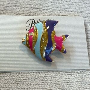 Vintage 80s Angelfish Brooch Pin Gold Tone Blue Green Enamel Rhinestone …